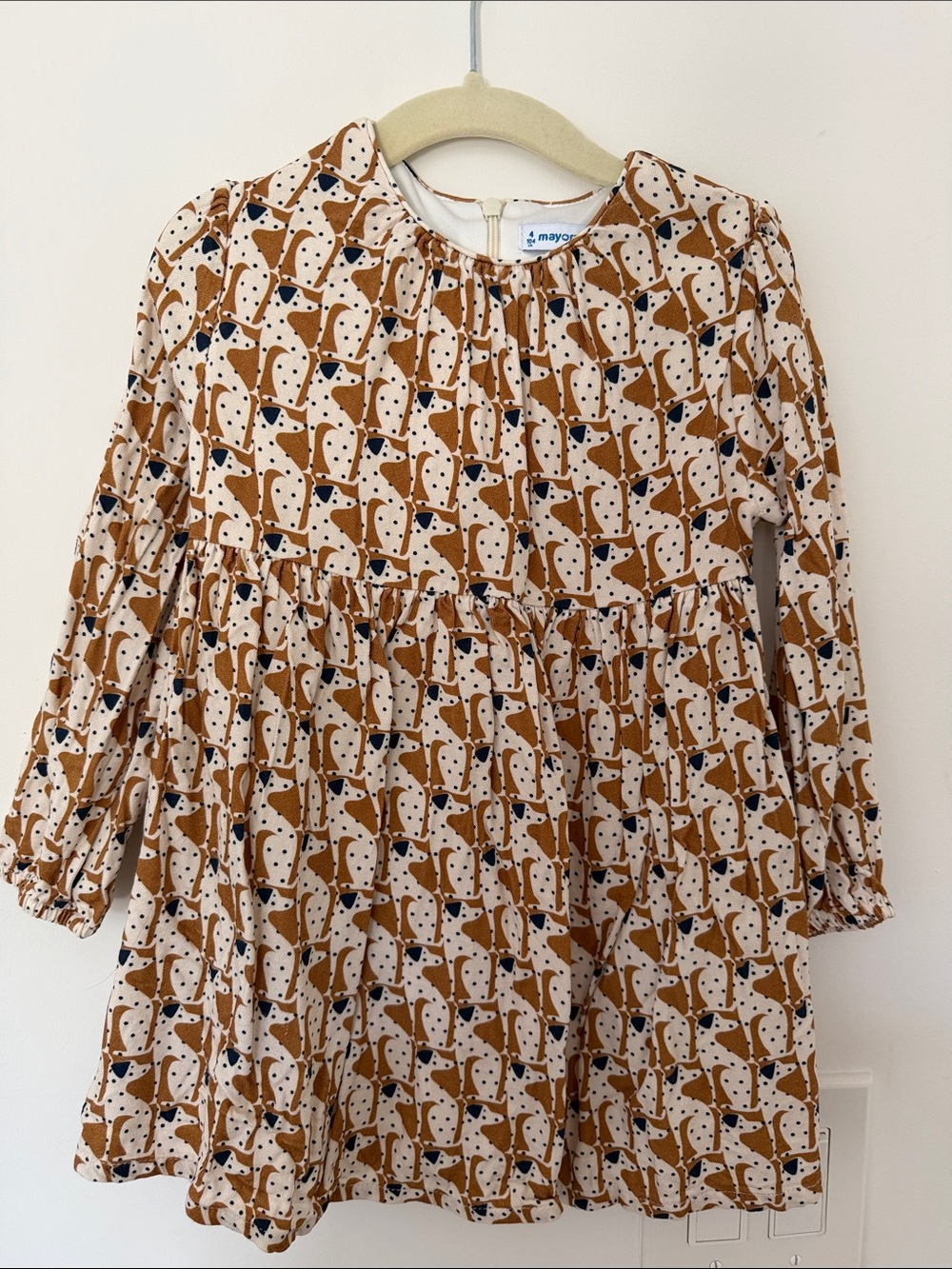 Mayoral Girls' Long Sleeve Dog Print Dress in Tan & Navy
